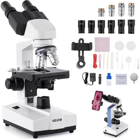 Microscope Binoculaire Professionnel, Kit de Microscope Composé avec Grossissement 40-5000X, Double Platine et Deux Jeux d'Oculaires, Éclairage LED et Support de Téléphone Inclus, pour Labo (1/5)