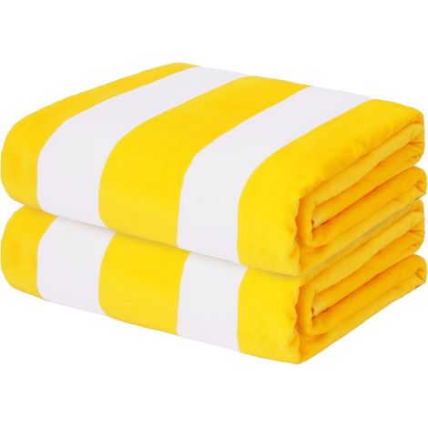 Serviette de Plage Cabana Rayé, en 100% Coton, Absorbant, Doux et Moelleux, pour Pisine, Douche et Spa, 90x180 cm, Jaune, Lot de 2 (1/5)