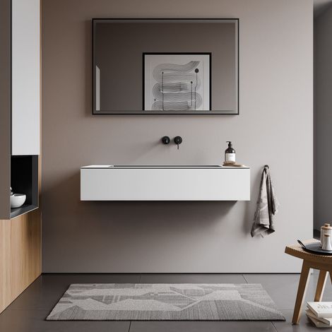 BERNSTEIN - Meuble vasque suspendu MDF Blanc laqué, lavabo en Fonte Anthracite mat, 1 tiroir poussoir & Soft-Close - 120x52x27cm - ARCTIC