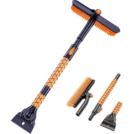 Grattoir à glace télescopique Fouet à neige long pour voiture, 38,5" Tête de brosse fouet à neige rotative, poignée ergonomique en mousse pour voiture, SUV, pare-brise de camion