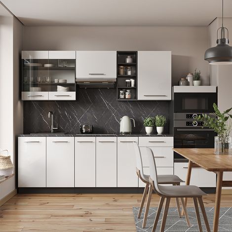Cucina componibile Fame-Line, Bianco lucido/antracite, 280 cm , PL Marmo, Vicco