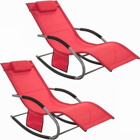 SoBuy Set di 2 sedie a dondolo da esterno Poltrone sdraio da giardino con cuscino e poggiatesta portata fino a 150 kg Rosso 150x63x87 cm OGS28-RX2