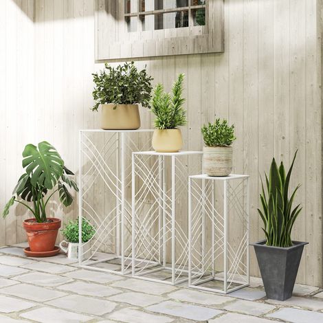 Ensemble de 3 supports pour plantes. Supports à fleurs de 50/60/70 cm de hauteur. Étagère à plantes empilable en métal blanc. (1/5)