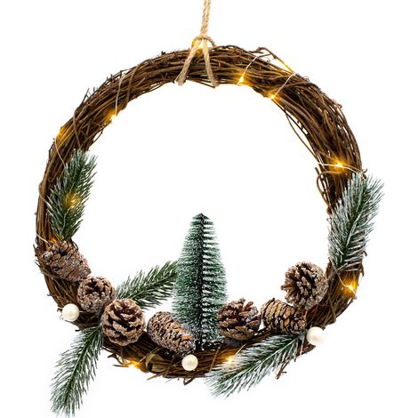 LED Holz Kranz mit Winter Dekoration - 30 cm - Weihnachtskranz mit 20 LED in warm weiß beleuchtet - Fensterdeko Türkranz Weihnachts Deko Beleuchtung für Innen Batterie betrieben