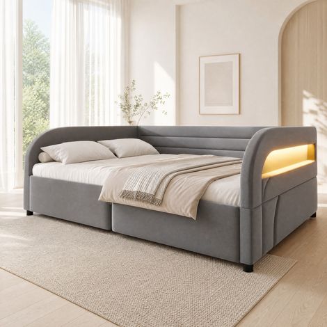 Stauraumbett 140x200 cm aus Flanell und MDF Grau mit LED, platzsparend – MEUBLIV (1/5)