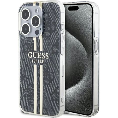 Coque rigide noire Guess GUHCP15LH4PSEGK pour iPhone 15 Pro 6,1 pouces, avec bande dorée IML 4G. (1/5)