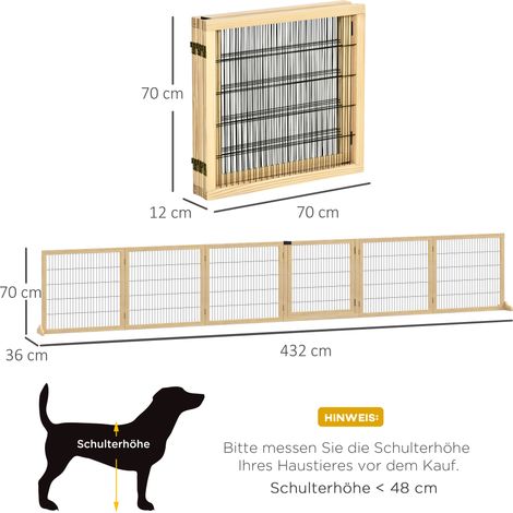 Barrière de sécurité animale pliable double sens, bois pin et acier, finition bois naturel, avec marchepied, dimensions 432x36x70 cm, pour chien et animal domestique (1/5)