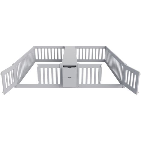 Lit enfant double 90 x 200 cm en bois gris avec tiroirs et étagère de rangement (1/5)