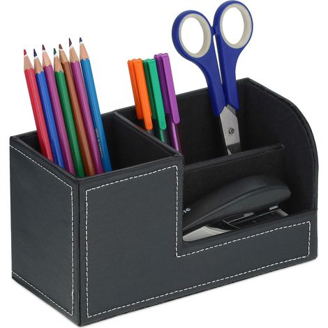 Relaxdays Desk Organiser, 3 Compartments, Imitation Leather, H x W x D: 11 x 20 x 9.5 cm, Office & Home, Black