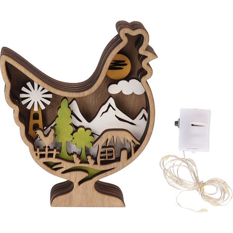 Statue lumineuse poule en bois sculptée à la main 3D ajourée, décoration lumineuse pour Pâques (1/5)