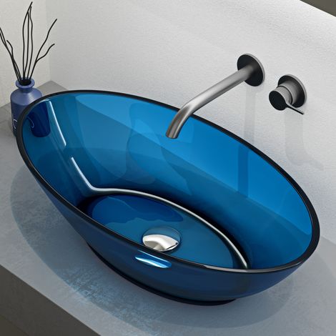 Mai & Mai Vasque à Poser Ovale Bleu Lavabo de Résine Transparente Évier Salle de Bain Lave Mains sans Trop-Plein 63x34x17cm Coloria02 (1/5)
