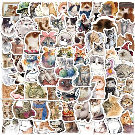 Lot de 100 Autocollants Chat, Vinyle Imperméable, PVC Durable, Adhésif Repositionnable, pour Gourde, Téléphone, Album Photo (1/5)
