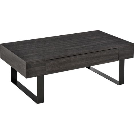 Mesa de centro con cajón y estantes, tablero de aglomerado gris oscuro y estructura metálica, HOMVRA (1/5)