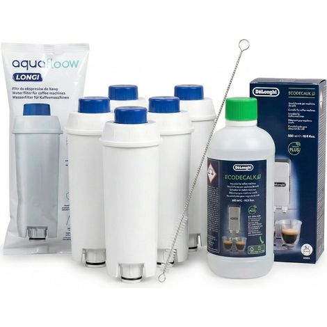 5x Filtre à eau compatible avec DeLonghi DLSC002 & Détartrant EcoDecalk (500ml) – Kit d'entretien pour machine à café Magnifica S, Evo, Dinamica – Avec brosse de nettoyage (1/5)