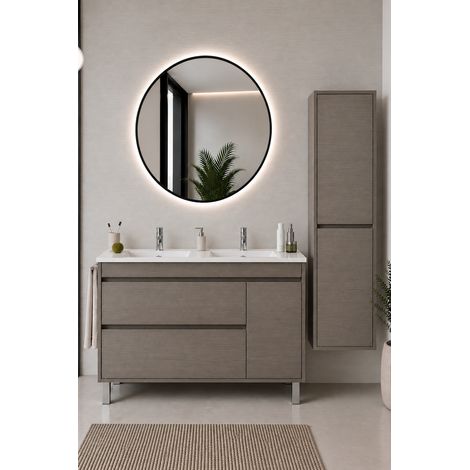 Badmöbel mit Waschbecken ORIGENBATH CAPRERA ohne Spiegel 120x45 cm Doppelwaschbecken Smoky-Eiche mit Säule (1/5)