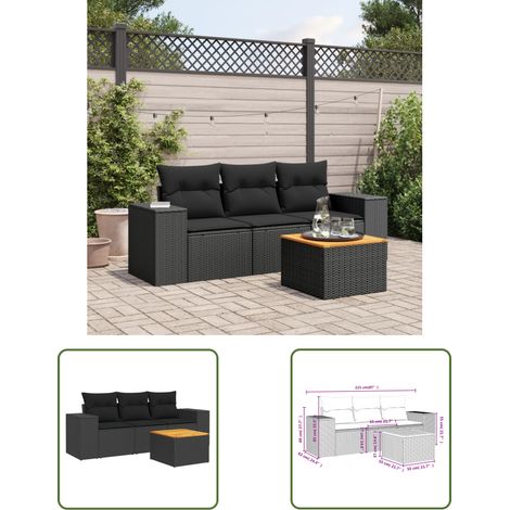 The Living Store Salon de jardin 4 pcs avec coussins noir résine tressée - Ensemble Salon De Jardin - Meuble Extérieur - Jardin - Mobilier De Jardin - Set Salon De Jardin (1/3)