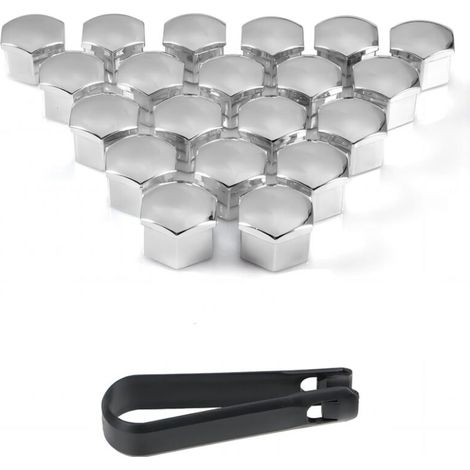 Cache-écrous de Roue, Ensemble de 20 Couvre-écrous de Roues universels en Plastique chromé avec Outil de démontage pour Voitures (Argent, 17mm)