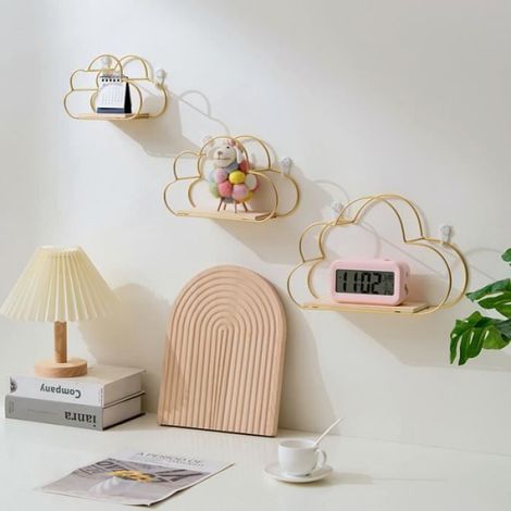 3Pcs étagères murales nuages en métal et bois - Rangement mural - Pour étagère de cuisine, chambre à coucher - Décoration murale. (1/4)