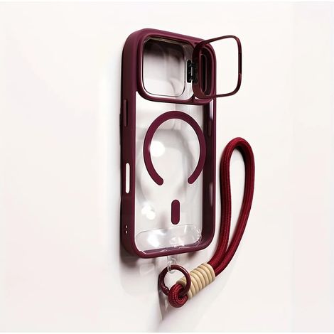 Étui de téléphone magnétique transparent avec porte-objectif et bracelet MagSafe (iPhone 16 bordeaux) (1/2)