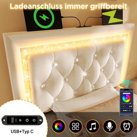 Lit 1 place capitonné velours 90x200 cm, tête de lit diamant avec LED, chargeur USB et Type-C, coffre hydraulique de rangement, sommier à lattes, style scandinave beige, matelas inclus (1/5)