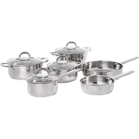 Batería de cocina de 10 piezas 4 ollas y 2 sartenes de acero inoxidable con tapas plateado Primecook (1/5)