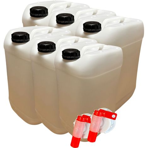 Lot de 6x Bidon Plastique 25 Litres Blanc avec 2 Bouchons Verseurs (1/4)