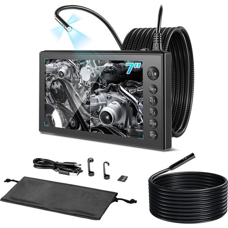 Caméra Endoscopique Triple Objectif Endoscope Écran IPS HD 7 pouces Caméra Inspection pour Canalisation et Automobile, avec Câbles 5 m + 3 m, 8 + 2 LED, Zoom 8x, Batterie 5000 mAh, Sonde IP67 (1/5)