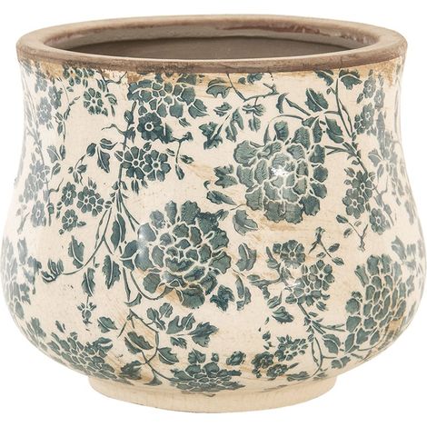 Pot de Fleurs en Céramique Motif Botanique Beige et Vert Ø 21 x 17 cm pour Intérieur - PANGIVO (1/3)