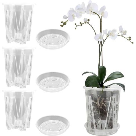 Lot de 3 pots en plastique transparent pour orchidées, avec trous de drainage et conception aérée – Convient aux plantes d’intérieur et d’extérieur (14 cm + soucoupe) (1/5)