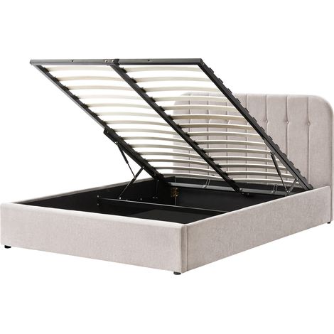 Cama elegante con almacenaje 160 x 200 cm de chenilla con somier de láminas cabecero tapizado gris pardo Challans