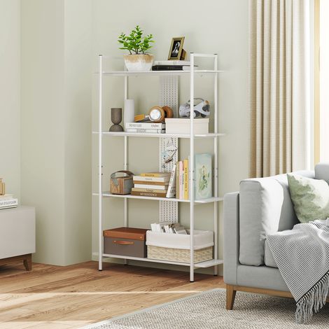 Libreria a 4 ripiani con pannello perforato e struttura in metallo, libreria stretta per camera da letto o ufficio, bianca