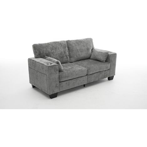 Sofá moderno de 2 plazas en tejido Chenille gris, 182 cm, con portavasos y bolsillos laterales (1/5)