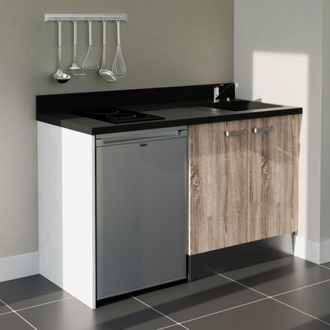 Kitchenette K17L - 140 cm - plan monobloc évier intégré Nero- évier à droite - Façades Bois + Electroménager inclus coloris Inox