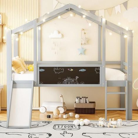 Lit cabane enfant - KOMHTOM - 90x200 - Bois massif - Glissoire - Tableau noir (1/5)