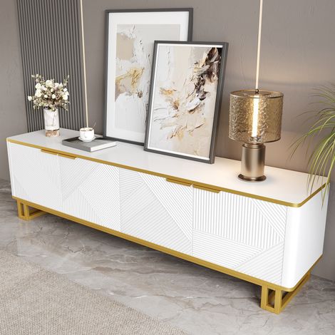 Meuble TV Blanc de Luxe, Meuble bas, 4 Portes à Texture Géométrique 3D, Gestion des Câbles, Bordure Dorée, Structure en fer, Facile à nettoyer, Charge 50 kg, 160x37.5x48cm (1/5)