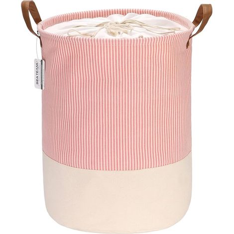 Panier à linge en tissu à rayures avec poignées en cuir PU et fermeture à cordon de serrage, 17,7 x 13,8 pouces, intérieur imperméable, rose (1/5)