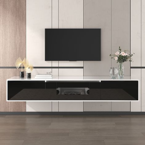 Vitrine et meuble TV 180 x35 x 30 cm noir et blanc laqué avec portes rainurées LED multicolore pour salon moderne (1/5)