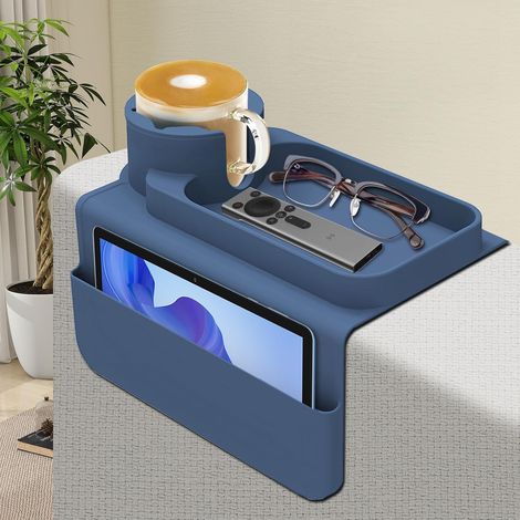 Plateau Accoudoir Canapé, Plateau Canape en Silicone, avec Deux Poches Latérales et Porte Gobelets, Anti-Renversement et Anti-dérapant, pour Gobelets, Télécommandes, Snacks, Bleu (1/5)