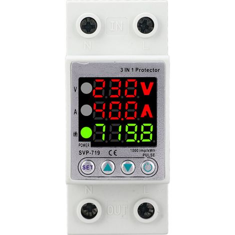 Protecteur de tension réglable, dispositif de protection intelligent à réinitialisation automatique avec affichage de la puissance AC230V 1-40A (SVP-719-40A N) (1/5)