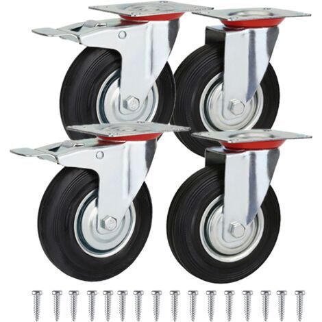 roulettes pivotantes pour meubles 3 pouces, 2 roulettes pivotantes à fond plat, 2 roulettes à frein à fond plat, 16 vis M8, jusqu'à 200 kg - roulettes porteuses silencieuses pour chariot (1/5)