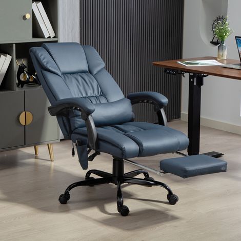 Poltrona da ufficio massaggiante, poggiapiedi, altezza regolabile, schienale reclinabile, telecomando con filo, 66x75x122 cm, blu