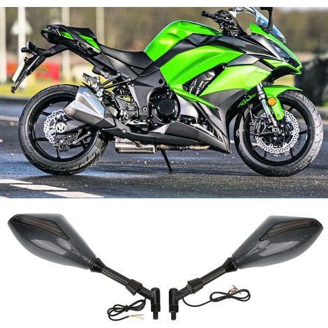 Rétroviseurs universels pour moto avec clignotants LED intégrés (1 paire, gauche et droite), 10 mm, compatibles Ducati/Honda/Kawasaki/Suzuki/Yamaha. Finition fibre de carbone. (1/5)