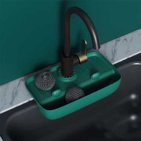 Tapis de séchage en silicone avec poignée de robinet et porte-éponge, porte-éponge pour évier de cuisine, tapis de séchage pour comptoir de cuisine et salle de bain (vert) (1/5)