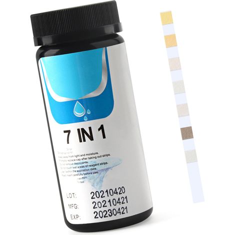 Bandelette de test pH 7 en 1 : alcalinité totale, nitrites, chlore libre, chlore total, dureté totale, brome, acidité et alcalinité de l’eau. Papier test pour l’analyse de l’eau.
