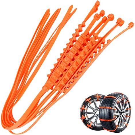 Lot de 10 crampons universels antidérapants pour pneus, câbles de traction réglables pour la conduite hivernale d'urgence sur neige et boue, couleur orange vif (1/5)