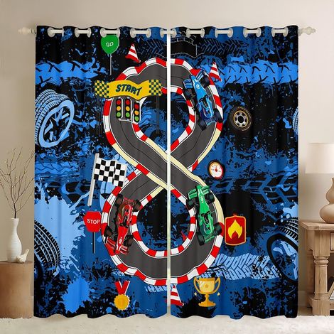 Rideaux de Voiture de Course pour Fenêtres, Rideaux de Course de Dessin Animé 3D avec Piste de Course en Relief pour Salon, Drapeaux Occultants Abstraits Imprimés Roue Tie-Dye 2 Panneaux - 46W72L inch (1/5)