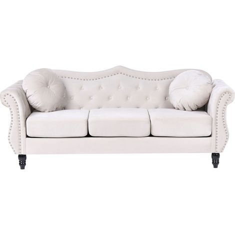 Beliani – Canapé Chesterfield 3 places en velours beige – Dossier capitonné – Finition cloutée – Structure en bois solide – Style vintage