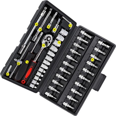 Clés en gros, jeu de 46 clés à douille, petit cliquet volant 1/4 pouce, petit jeu de douilles pour réparation automobile, jeu d'outils de quincaillerie, jeu d'outils combinés 46 pièces. (1/4)