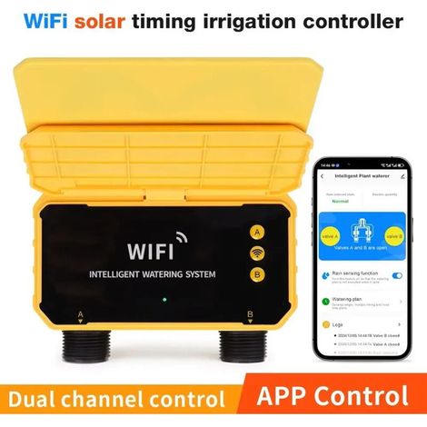 (Double avec Wi-Fi) Minuteur d'arrosage solaire Wi-Fi Smart Life avec application dédiée, minuterie d'arrosage automatique pour jardin, double zone avec capteur de pluie et robinet de contrôle