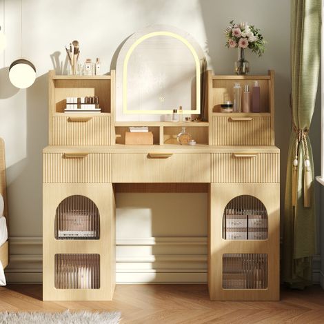 Grande coiffeuse avec miroir à éclairage LED — comprend 3 tiroirs, 2 placards à portes vitrées et des étagères de rangement  idéale pour les chambres  finition effet bois  dimensions : 120 x 40 x 139, (1/5)